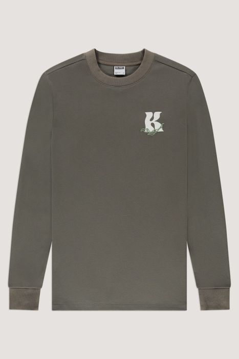 Bruine Kultivate longsleeve met ronde hals ribboorden en kleine K logoprint op de borst model 2501040600 766