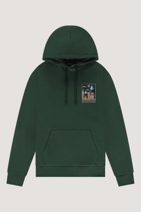 Donkergroene Kultivate hoodie met borstprint kangoeroezak en ribboorden model 2501040602 771