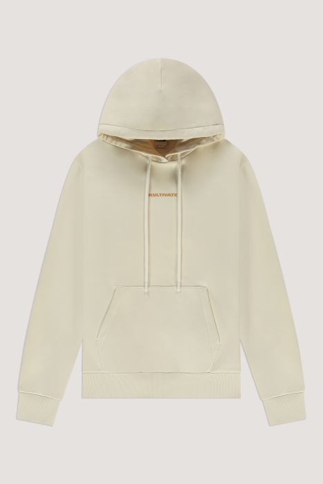 Ecrukleurige Kultivate hoodie met capuchon trekkoorden en buidelzak subtiel borstlogo ribboorden model 2501041002 297
