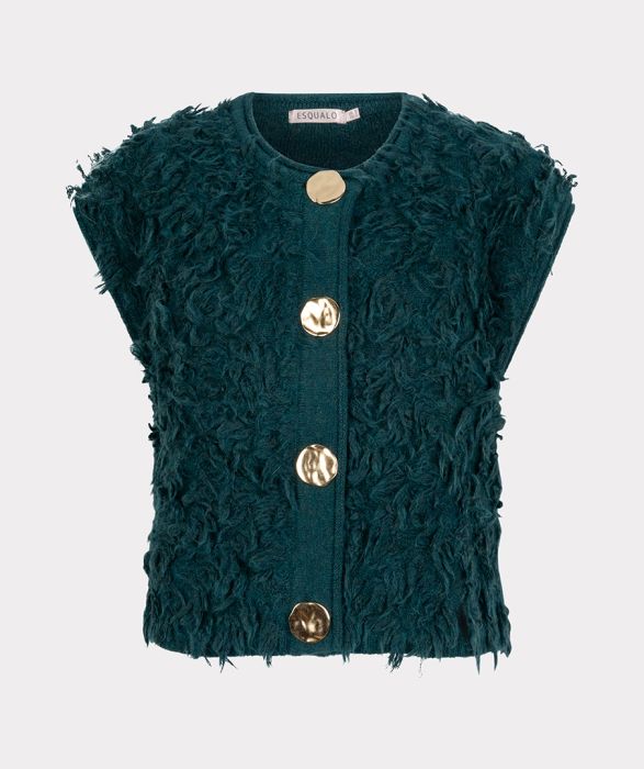 Groene EsQualo mouwloos gilet model W25.27714 665 met harige textuur ronde hals en glanzende gouden knopen