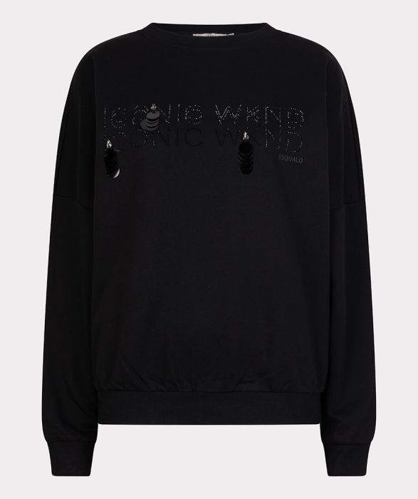 Zwarte EsQualo sweater W25.05718 000 met ronde hals ribboorden en glinsterend ICONIC WKND detail met pailletten