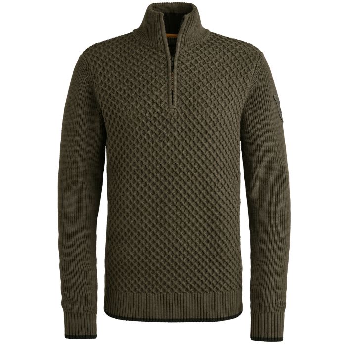 Groene PME Legend PKW2509324 8039 trui met halve rits grof wafelbreisel ribboorden en mouwbadge