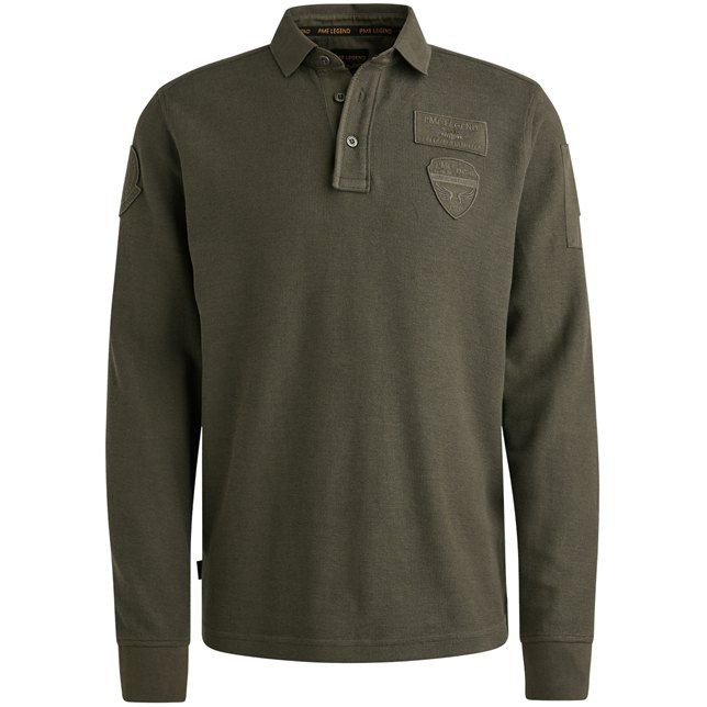 Groene PME Legend polo met lange mouwen PPS2509802 8039 met kraag korte knooplijst tonale borstpatches en ribboorden