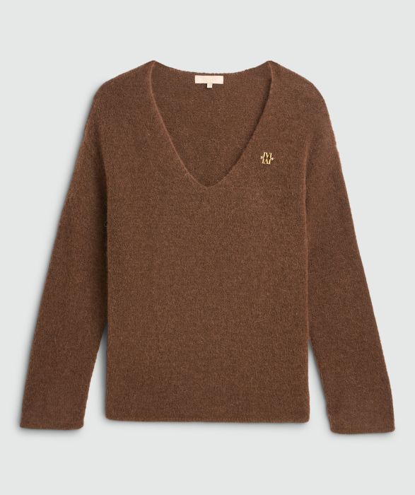 Bruine Josh V trui model JV-2510-0207 585 met diepe V-hals zachte pluizige gebreide stof en goudkleurig logo op de borst