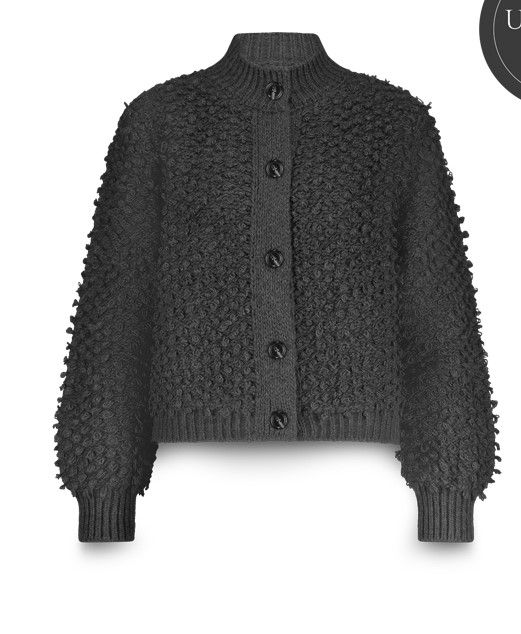 Grijs gebreid vest van Summum model 7s7948-70043 860 met noppenstructuur knoopsluiting opstaande ribkraag en ballonmouwen