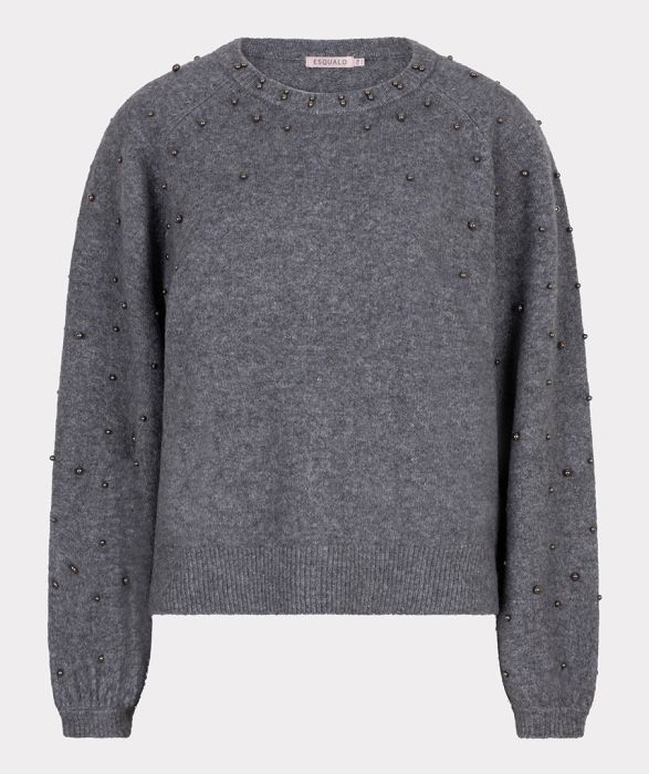 Grijze EsQualo trui model F25.27523 029 met ronde hals zachte gebreide look en kraaltjes op schouders en mouwen