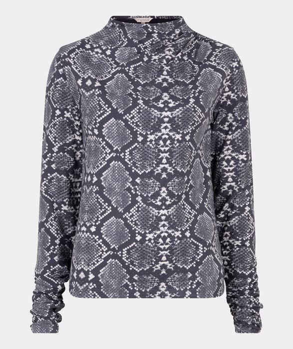 Grijze EsQualo top F25.30502 999 met slangenprint lange mouwen en hoge col