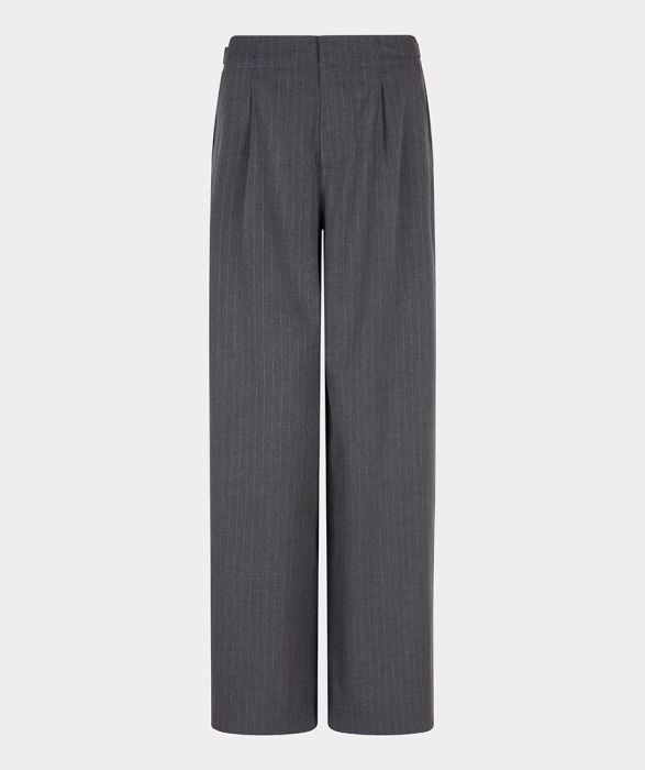 Grijze EsQualo broek F25.10547 039 met fijne krijtstreep wijde pijpen en plooien bij de taille