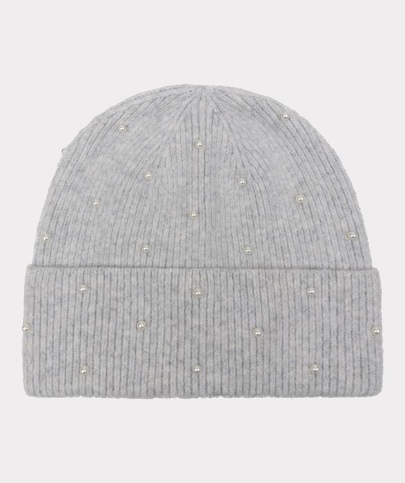Grijze EsQualo beanie model F25.27536 060 met ribbreisel omgeslagen rand en pareldetails