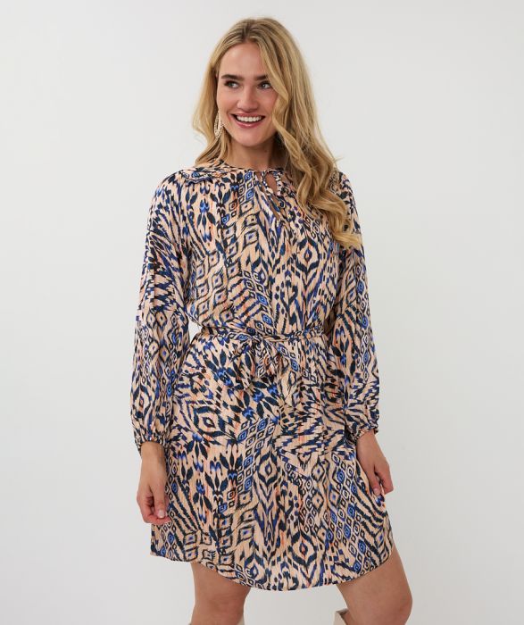 EsQualo jurk F25.14505 999 in multicolourprint met lange mouwen strikceintuur en keyhole halslijn boven de knie