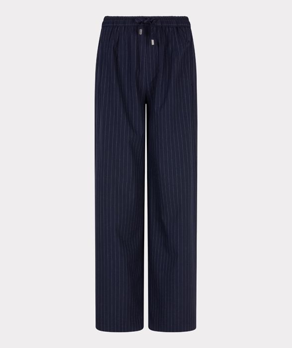 Blauwe EsQualo broek F25.10548 690 met krijtstreep wijde pijpen elastische taille met strik en steekzakken
