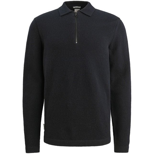 Donkerblauwe Cast Iron trui CKW2511372 5287 met polokraag en halve rits lange mouwen en zachte wolachtige textuur