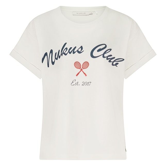 Witte Nukus NKS04007 16 T-shirt met donkerblauwe tekstprint en rode tennisrackets ronde hals en opgerolde korte mouwen