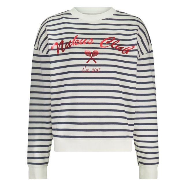 NUKUS NKS03033 137 witte gestreepte sweater met marine strepen rode Nukus Club print en tennisrackets ronde hals ribboorden