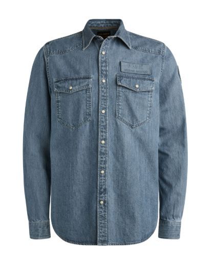 Blauwe denim overhemd van PME Legend model PSI2511248 deb met drukknoopsluiting en twee borstzakken met klep