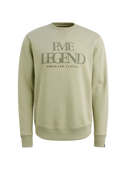 Blauwe PME Legend sweater PSW2511478 5282 met ronde hals V-inzet ribboorden en groot logo op de borst