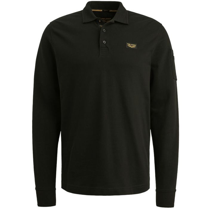 Zwarte PME Legend polo met lange mouwen model PPS2510899 999 met kraag knoopsluiting borstlogo en subtiel mouwdetail