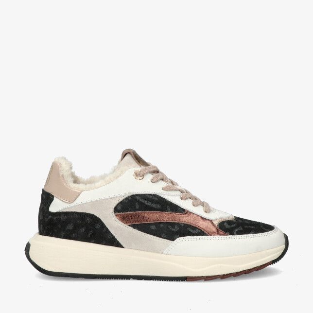 Witte Floris van Bommel SUVI SFW-10138 60-01 sneaker in leren combi met zwart patroon roségouden detail en teddyvoering