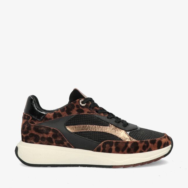 Bruine Floris van Bommel sneaker SUVI SFW-10138 20-01 in leren combi met panterprint mesh neus gouden accent en witte zool