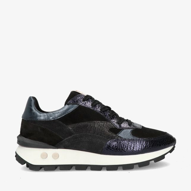 Floris van Bommel BLOKKI SFW-10098 41-02 blauwe sneaker van metallic leer en suède met krokoreliëf en dikke witte zool