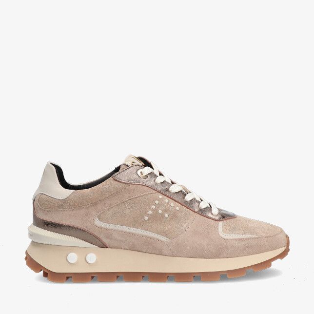 Taupe nubuck sneaker Floris van Bommel Blokki SFW-10084 34-01 met noppenzool witte veters en geperforeerde stippen opzij
