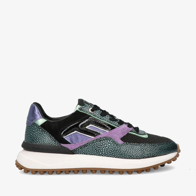 Blauwe Floris van Bommel NOPPI SFW‑10128 42‑02 sneaker in leercombi met gestippelde textuur paarse accenten en noppenzool