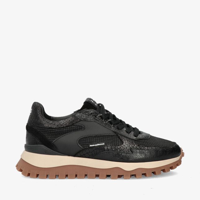 Zwarte Floris van Bommel Grommi SFW-10127 10-01 sneaker van leer met slangenstructuur en dikke tweekleurige profielzool