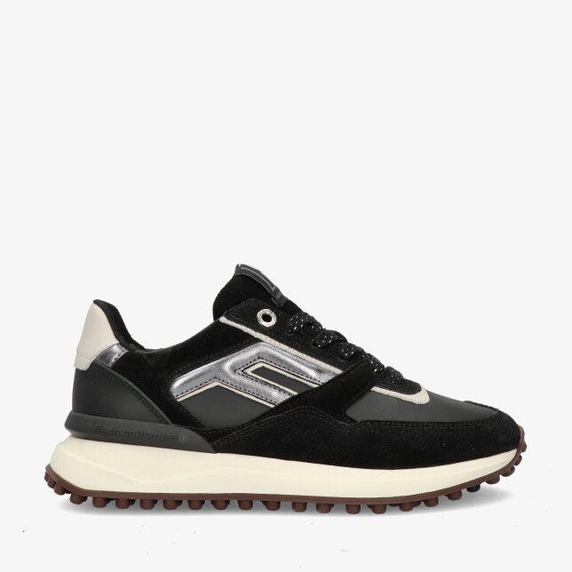 Zwarte leren sneaker Floris van Bommel NOPPI SFW-10128 10-01 met zilverkleurige details crèmekleurige noppenzool
