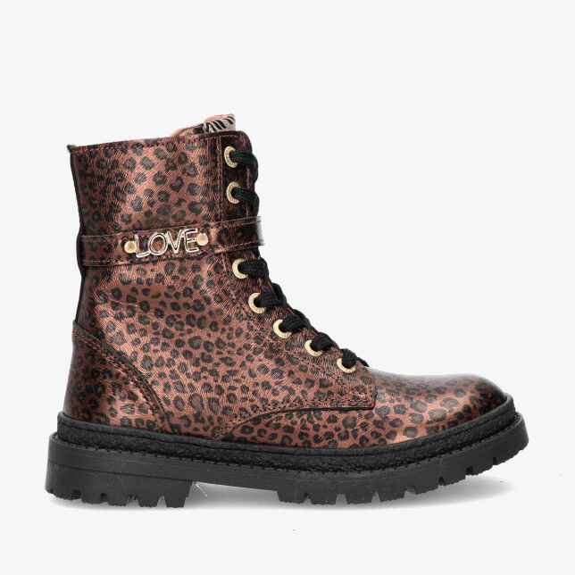 Bruine leren Develab 47098 059 veterlaars met luipaardprint gouden oogjes LOVE detail en zwarte chunky zool