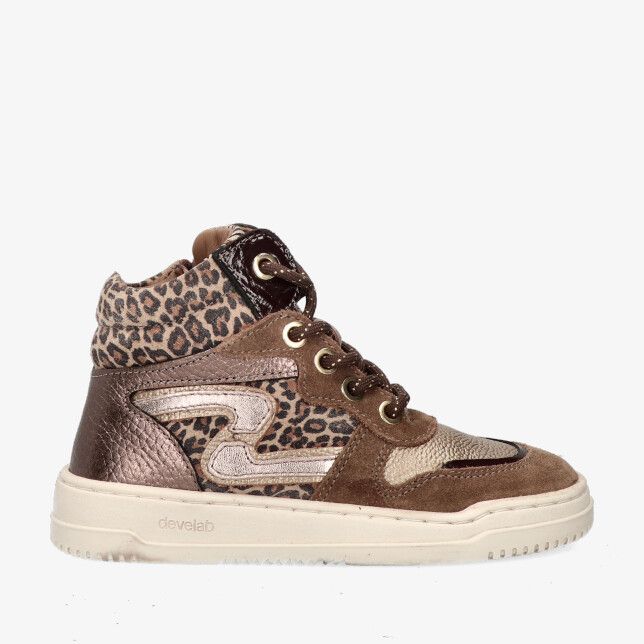 Develab 41926 239 taupekleurige high top sneaker in leren combi met panterprint metallic accenten en crèmekleurige zool