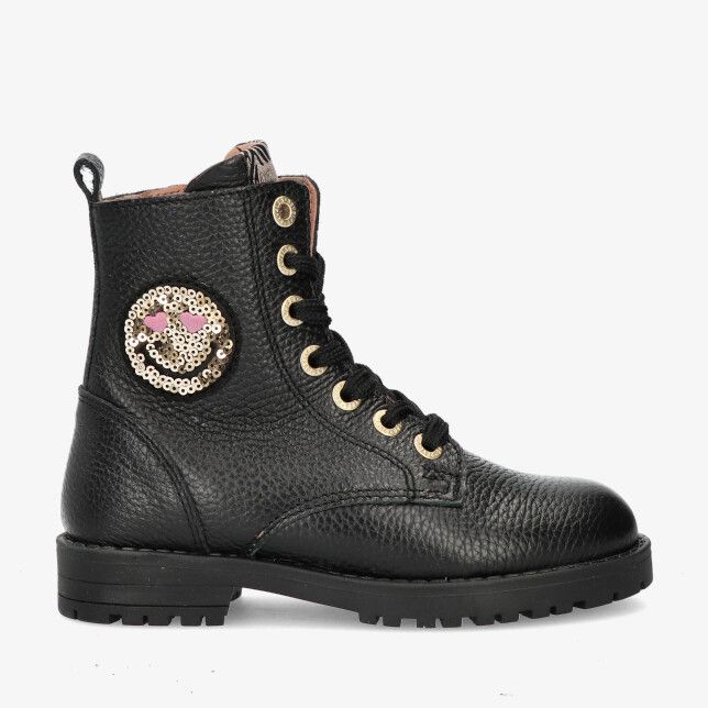 Zwarte leren Develab 44414 922 veterlaars met grove nerf gouden veterogen paillettenpatch op de enkel en profielzool