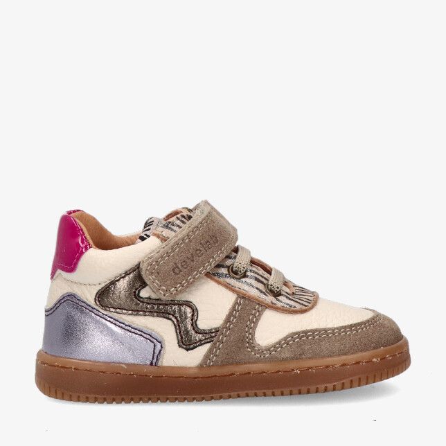 Beige Develab 44402 229 sneaker in leren combi met klittenband en veters gestreepte tong metallic hiel en gumzool