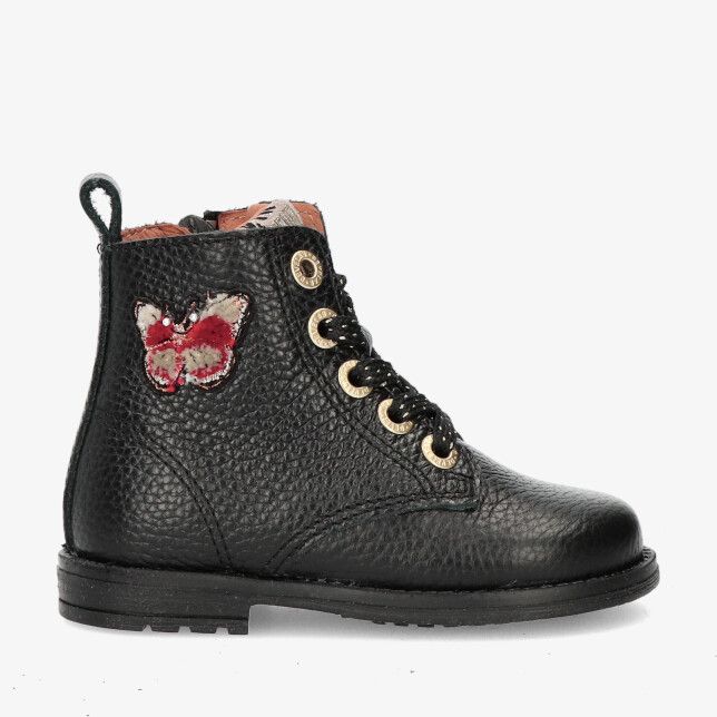Zwarte Develab 47082 922 suède enkelhoge veterboot met vlinderpatch gouden veterogen en lusje aan de hiel