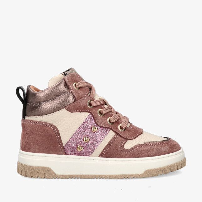 Beige leren high top sneaker Develab 41928 479 met suède roze overlays glitterstrip met hartjes metallic kraag en witte zool