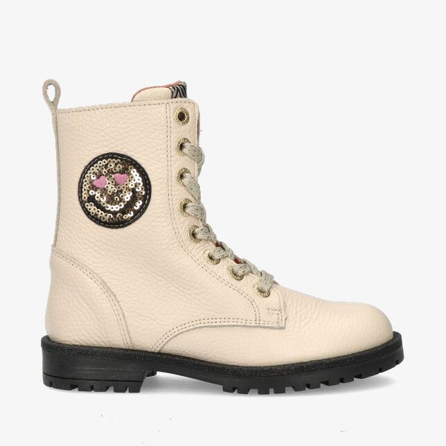 Beige leren Develab 42950 222 veterlaars met profielzool en pailletten smiley op de schacht in grof nerfleer
