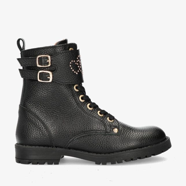 Zwarte leren Develab 44410 922 veterlaars met grove nerf dubbele gespen goudkleurige oogjes hartstuds en profielzool