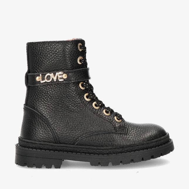Zwarte gekorreld leren Develab 47098 922 veterboot met grove zool goudkleurige oogjes en LOVE bandje