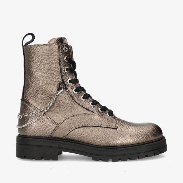 Grijze hoge Develab veterlaars 42966 831 van leer met metallic glans profielzool en kettingdetail aan de hiel