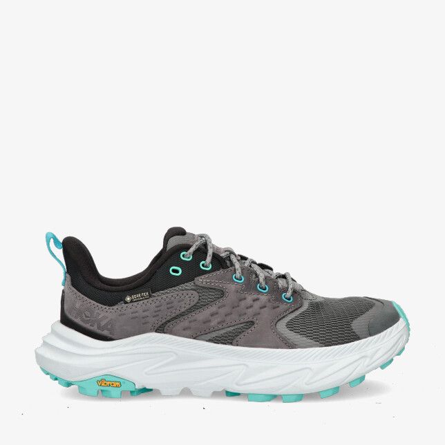 Grijze HOKA W Anacapa 2 Low GTX 1142830F-SYSC met ademend mesh turquoise accenten en dikke witte zool met profiel