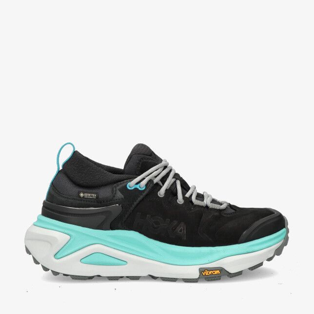 Zwarte HOKA W KAHA 3 LOW GTX 1162533-BCLB met mesh details dikke turquoise tussenzool grijze veters en Vibram profielzool
