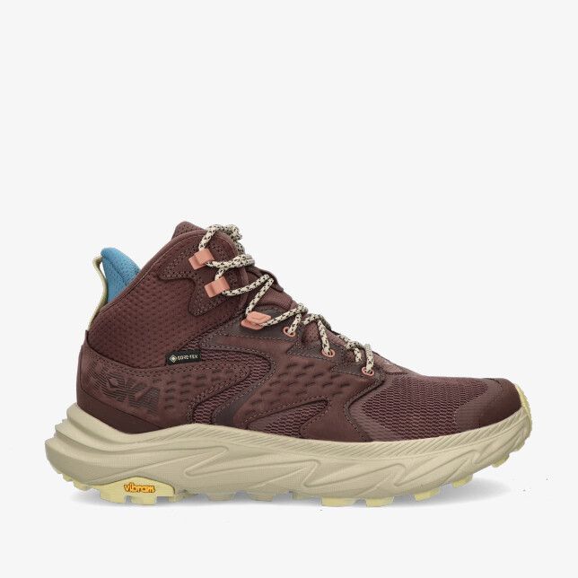 Bruine HOKA M Anacapa 2 Mid GTX 1141633F-WYS wandelschoen met mesh bovenwerk dikke beige Vibram zool en gevlekte veters