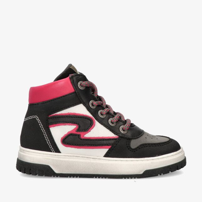 Zwarte Develab 45371 499 hoge sneaker in leren combinatie met witte zool en roze details en geperforeerde neus