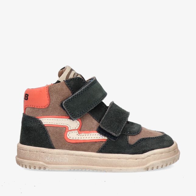 Blauwe leren hoge sneaker Develab 44411 696 met twee klittenbanden suède look oranje hielaccent en beige zool