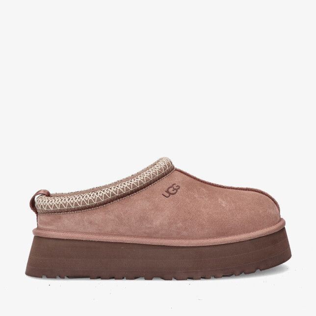 Taupe suède UGG Tazz W 1174471 RYK instapper met dikke platformzool contrasterende boord en UGG logo