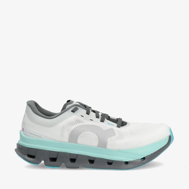 On Cloudflow 3WF10093306 grijze sneaker met wit mesh bovenwerk en mintgroene dikke zool met On cloud uitsparingen