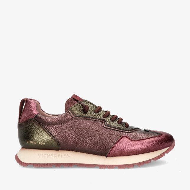 Hispanitas 254312 Multi sneaker van metallic leer in veelkleurig bordeaux en olijfgroen met grove nerf en lichte profielzool