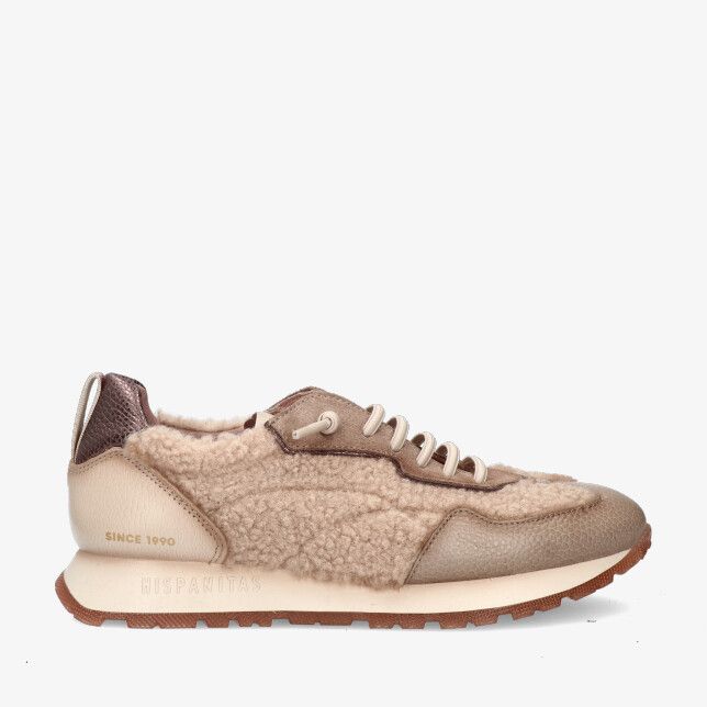 Beige Hispanitas 254209 TOPO sneaker in leercombinatie met teddylook panelen leren neus en hiel en rubber profielzool