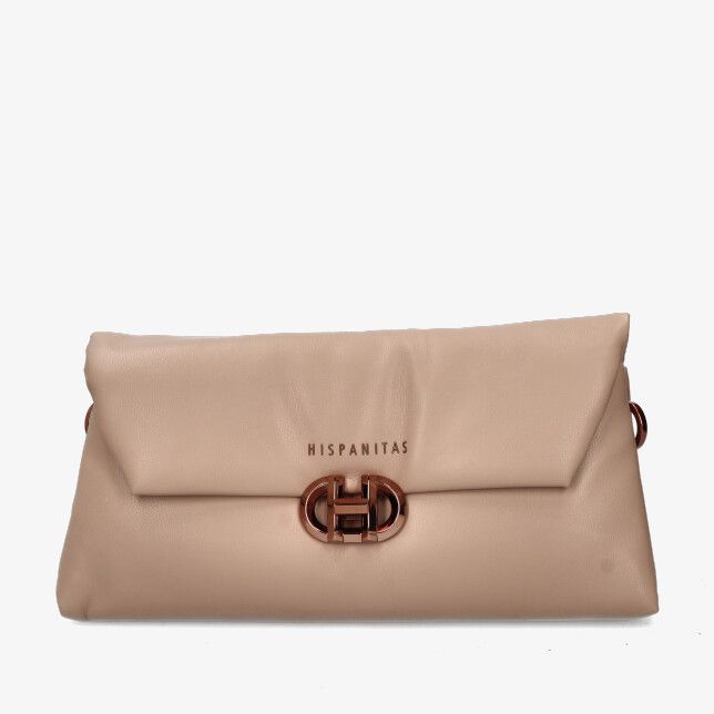 Taupe leren tas van Hispanitas 254157 TOPO met zachte look vouwflap en bronskleurige H sluiting