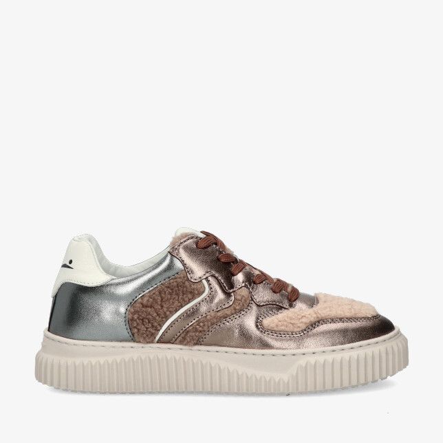 Voile Blanche LAURA 2017528 2Q25 bronzen sneaker in metallic leer met beige teddypanelen en dikke crèmekleurige zool