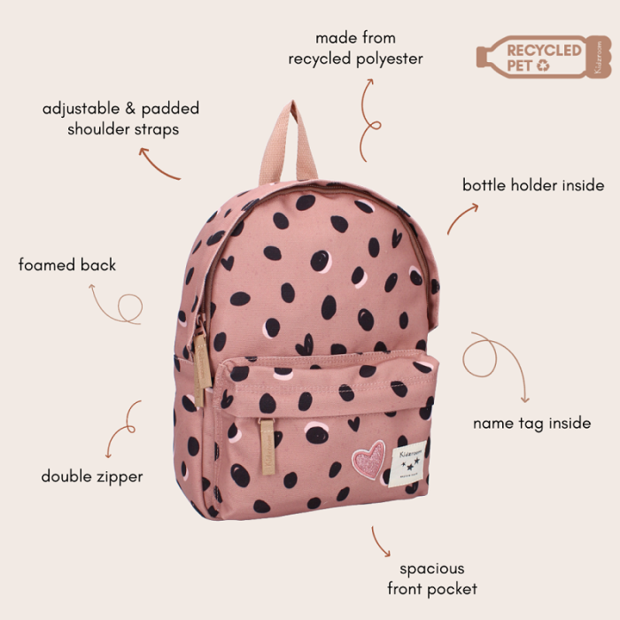 Roze Kidzroom rugzak 030-4245 met zwarte stippen ruime voorzak dubbele rits en hartpatch